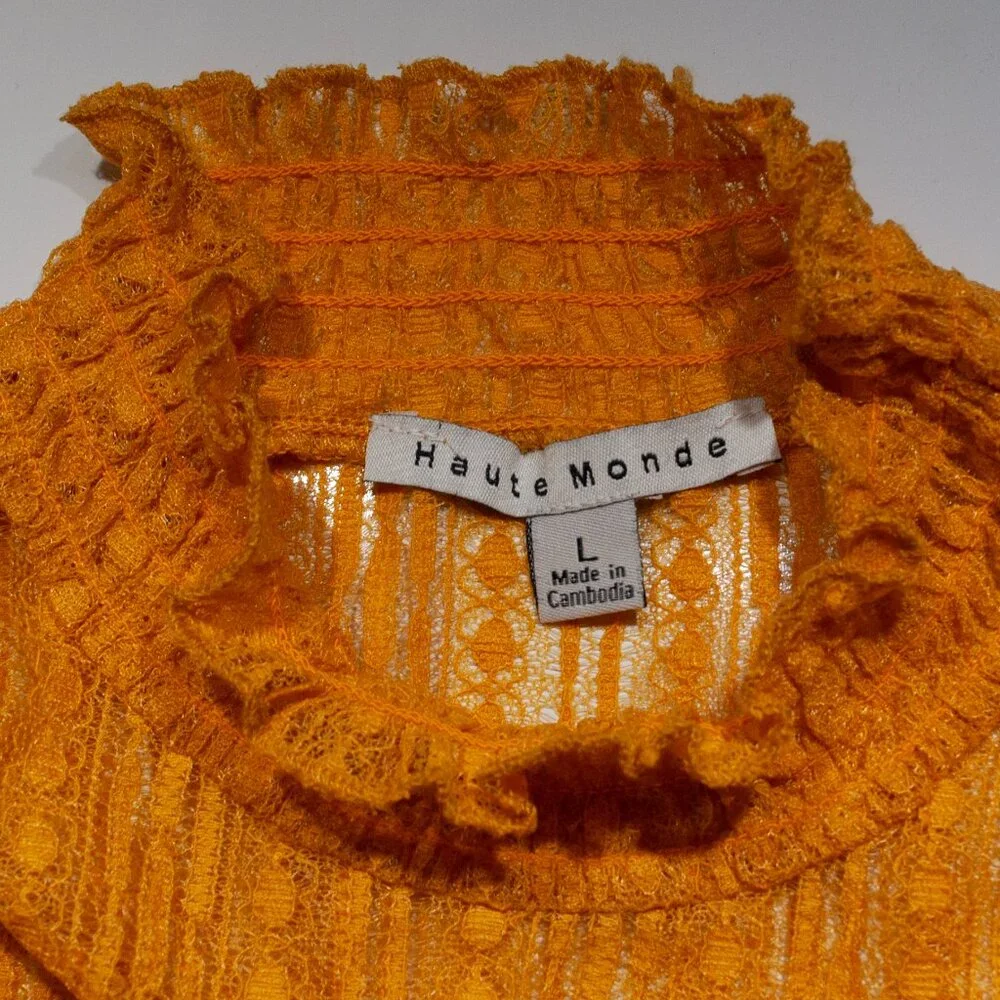 NEW Haute Monde Sheer Lace Top Juniors Large L Orange Boho Long Sleeve R13 - Picture 4 of 6